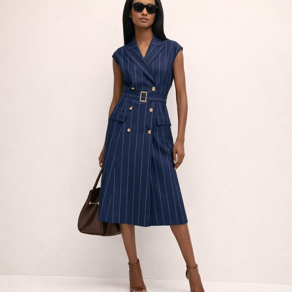 Brooks Brothers Midi Dress Women Navy Pinstripe Preppy Old Money Size 12 NWT